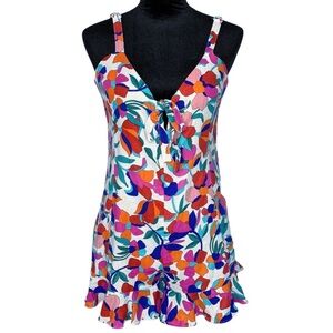 OLIVACEOUS Pink Floral Linen Ruffled Shorts Romper